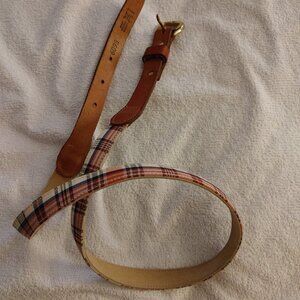 Vintage Red Plaid Belt with Gold Tone & Leather Trim